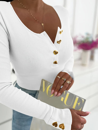 T-Shirt Langarm - Knoopfront Met Gouden Knopen En Pasvorm - Glamorix