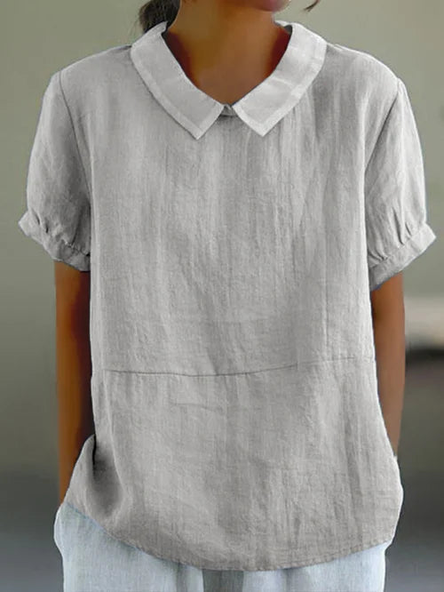 Vrouwelijke damesblouse met ronde kraag en korte mouwen – ELINORA GRACE - Glamorix