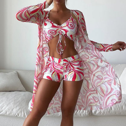 Driedelige dames strandset met crop top, short en kimono – SELENE SHORE - Glamorix