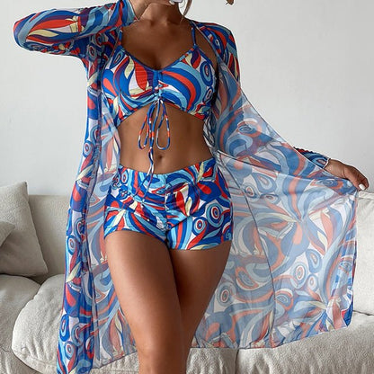 Driedelige dames strandset met crop top, short en kimono – SELENE SHORE - Glamorix