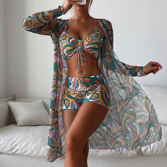 Driedelige dames strandset met crop top, short en kimono – SELENE SHORE - Glamorix