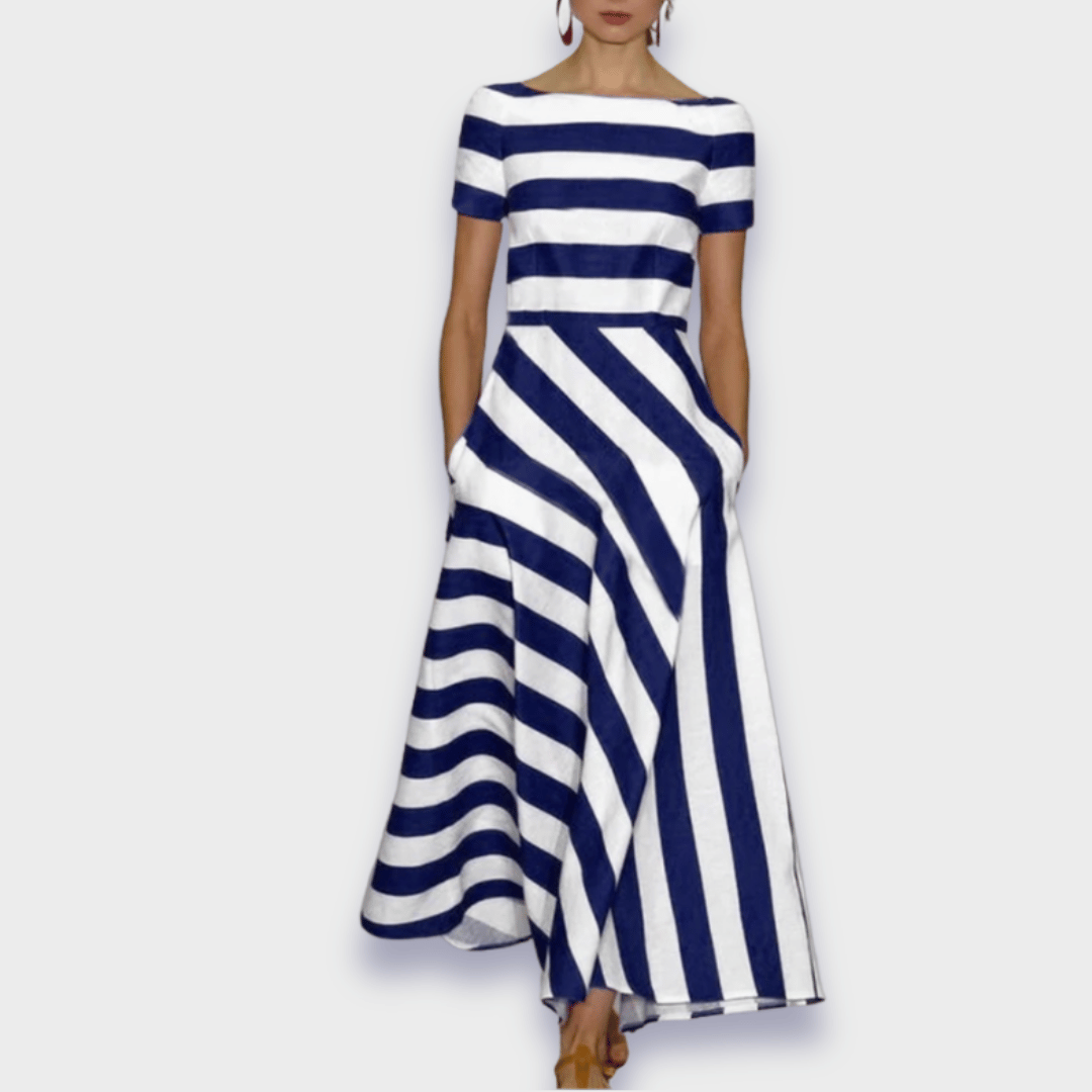Gestreepte dames midi-jurk met boothals en flatterende pasvorm – NOLA STRIPE - Glamorix