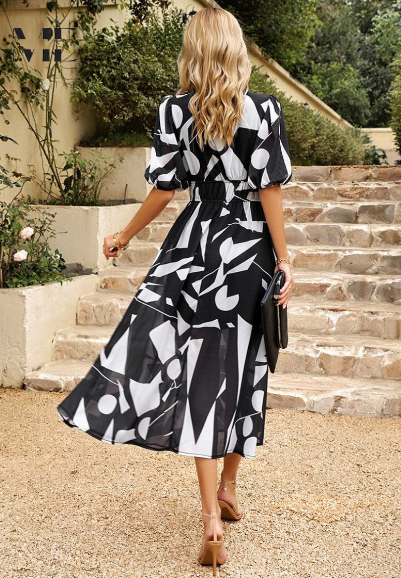 Elegante midi damesjurk met V-hals en pofmouwen – AVA BELLE - Glamorix