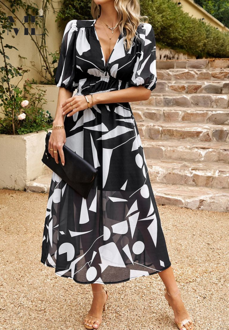 Elegante midi damesjurk met V-hals en pofmouwen – AVA BELLE - Glamorix