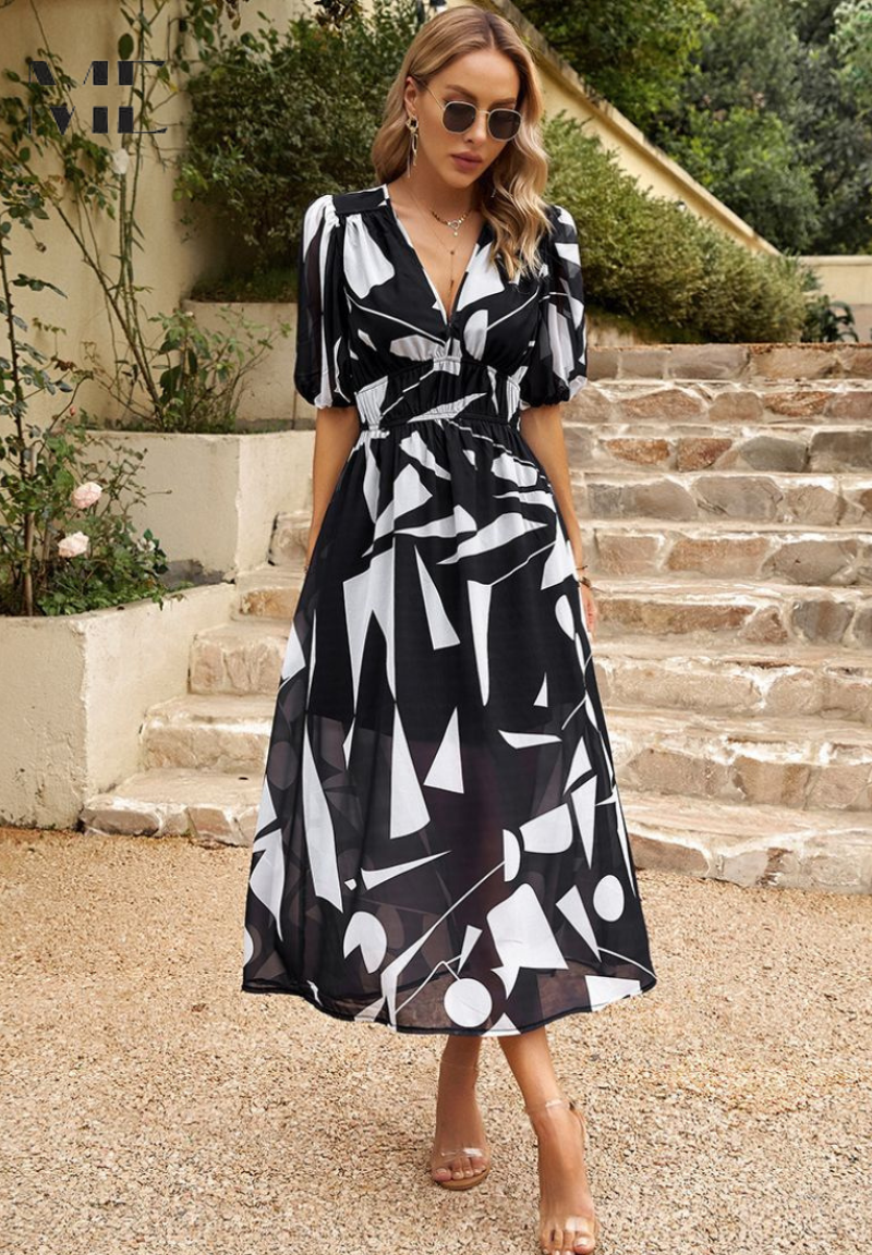 Elegante midi damesjurk met V-hals en pofmouwen – AVA BELLE - Glamorix