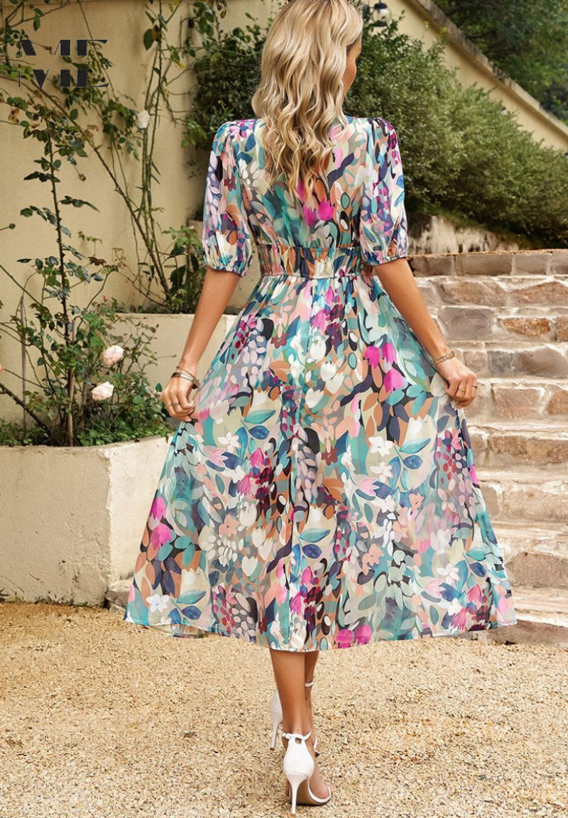 Elegante midi damesjurk met V-hals en pofmouwen – AVA BELLE - Glamorix