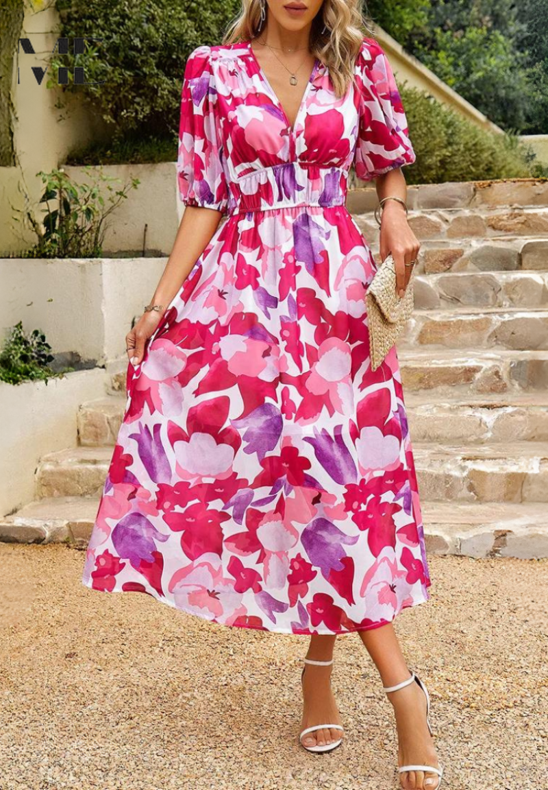 Elegante midi damesjurk met V-hals en pofmouwen – AVA BELLE - Glamorix