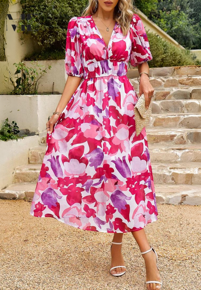 Elegante midi damesjurk met V-hals en pofmouwen – AVA BELLE - Glamorix