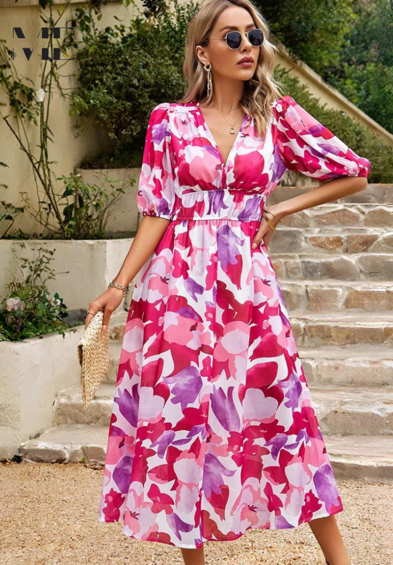 Elegante midi damesjurk met V-hals en pofmouwen – AVA BELLE - Glamorix