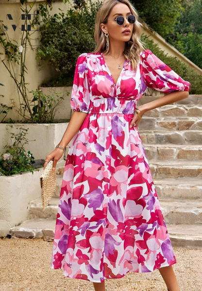 Elegante midi damesjurk met V-hals en pofmouwen – AVA BELLE - Glamorix