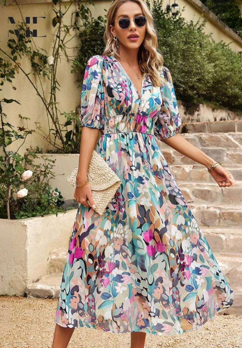 Elegante midi damesjurk met V-hals en pofmouwen – AVA BELLE - Glamorix