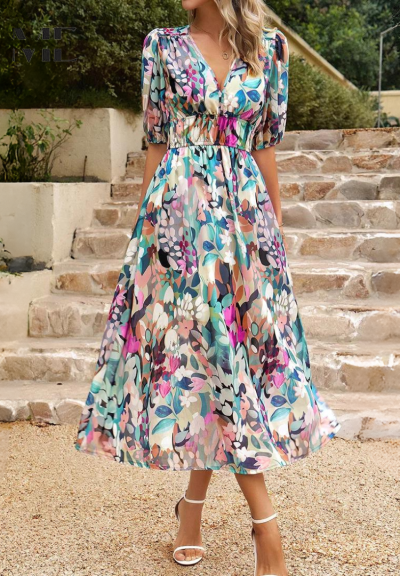 Elegante midi damesjurk met V-hals en pofmouwen – AVA BELLE - Glamorix
