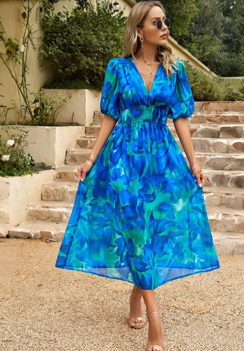 Elegante midi damesjurk met V-hals en pofmouwen – AVA BELLE - Glamorix