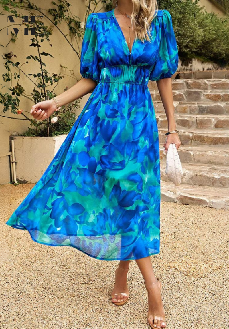 Elegante midi damesjurk met V-hals en pofmouwen – AVA BELLE - Glamorix