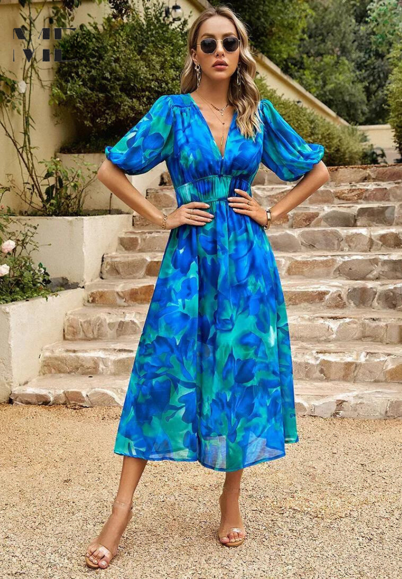 Elegante midi damesjurk met V-hals en pofmouwen – AVA BELLE - Glamorix
