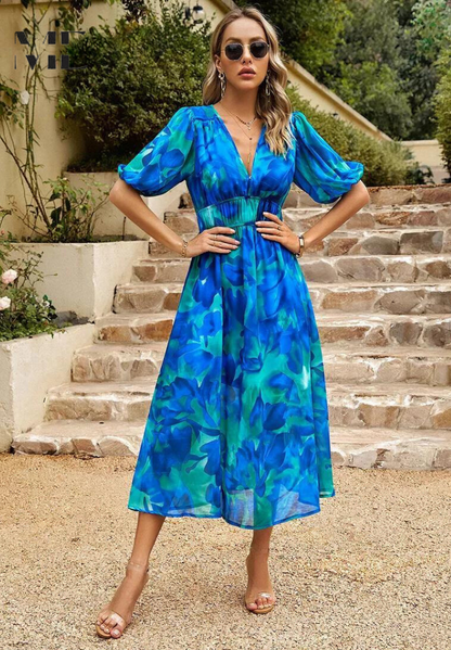 Elegante midi damesjurk met V-hals en pofmouwen – AVA BELLE - Glamorix