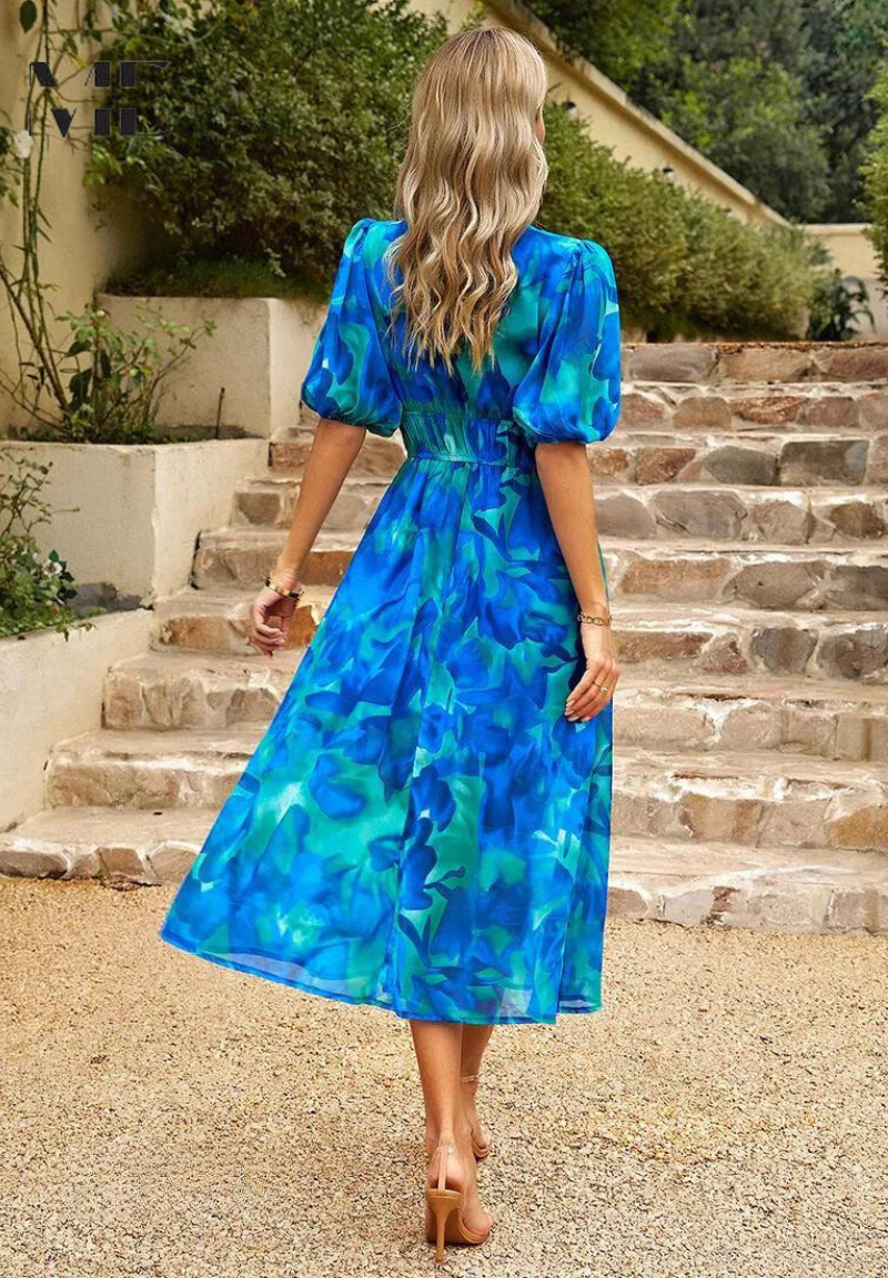 Elegante midi damesjurk met V-hals en pofmouwen – AVA BELLE - Glamorix