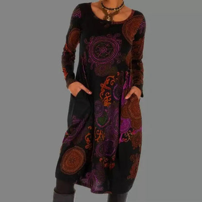 Bohemian midi-jurk met lange mouwen en elegante print – LioraMuse - Glamorix