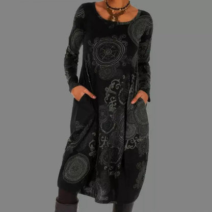 Bohemian midi-jurk met lange mouwen en elegante print – LioraMuse - Glamorix