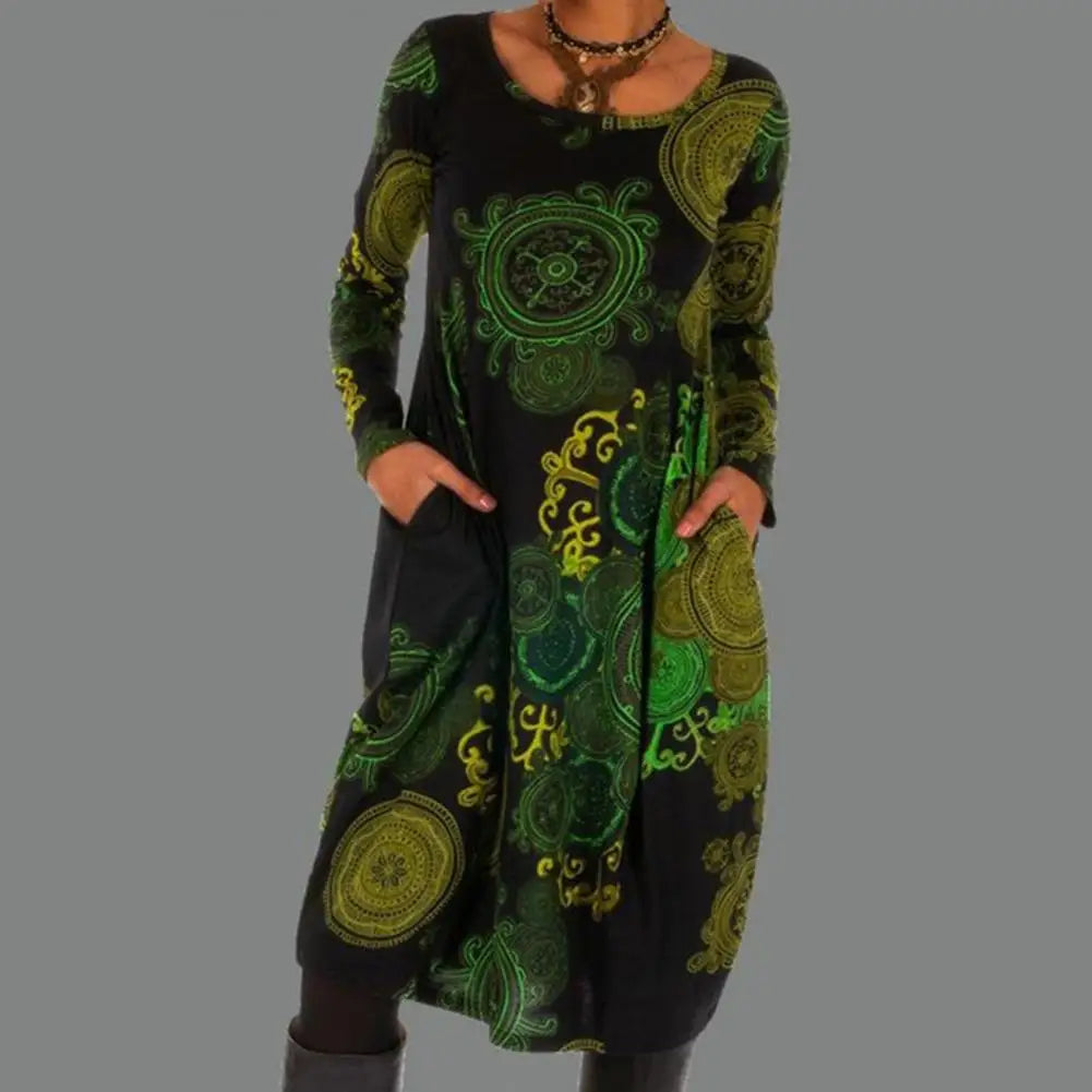 Bohemian midi-jurk met lange mouwen en elegante print – LioraMuse - Glamorix
