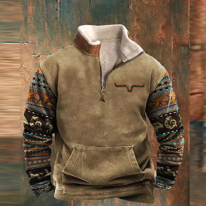 HUDSON - Fleece trui met kwart-ritssluiting en tribal print voor heren