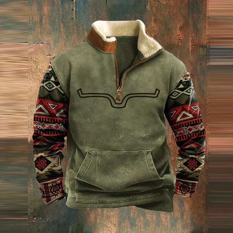 HUDSON - Fleece trui met kwart-ritssluiting en tribal print voor heren