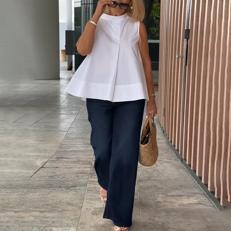 Mouwloze dames top met opstaande kraag en plooidetail – LIVIA HALO - Glamorix