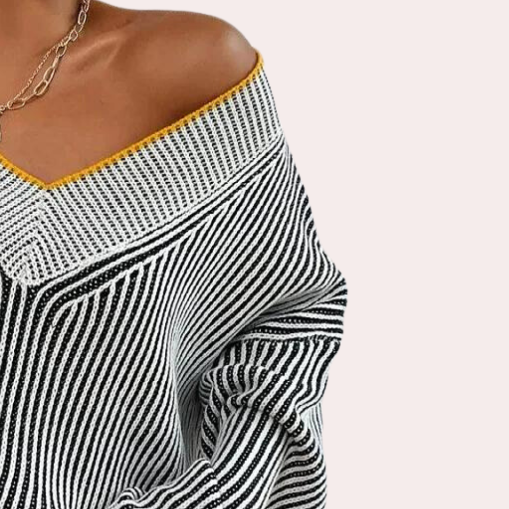 Gestreepte off-shoulder damestrui van gebreid materiaal – NÉLIA - Glamorix