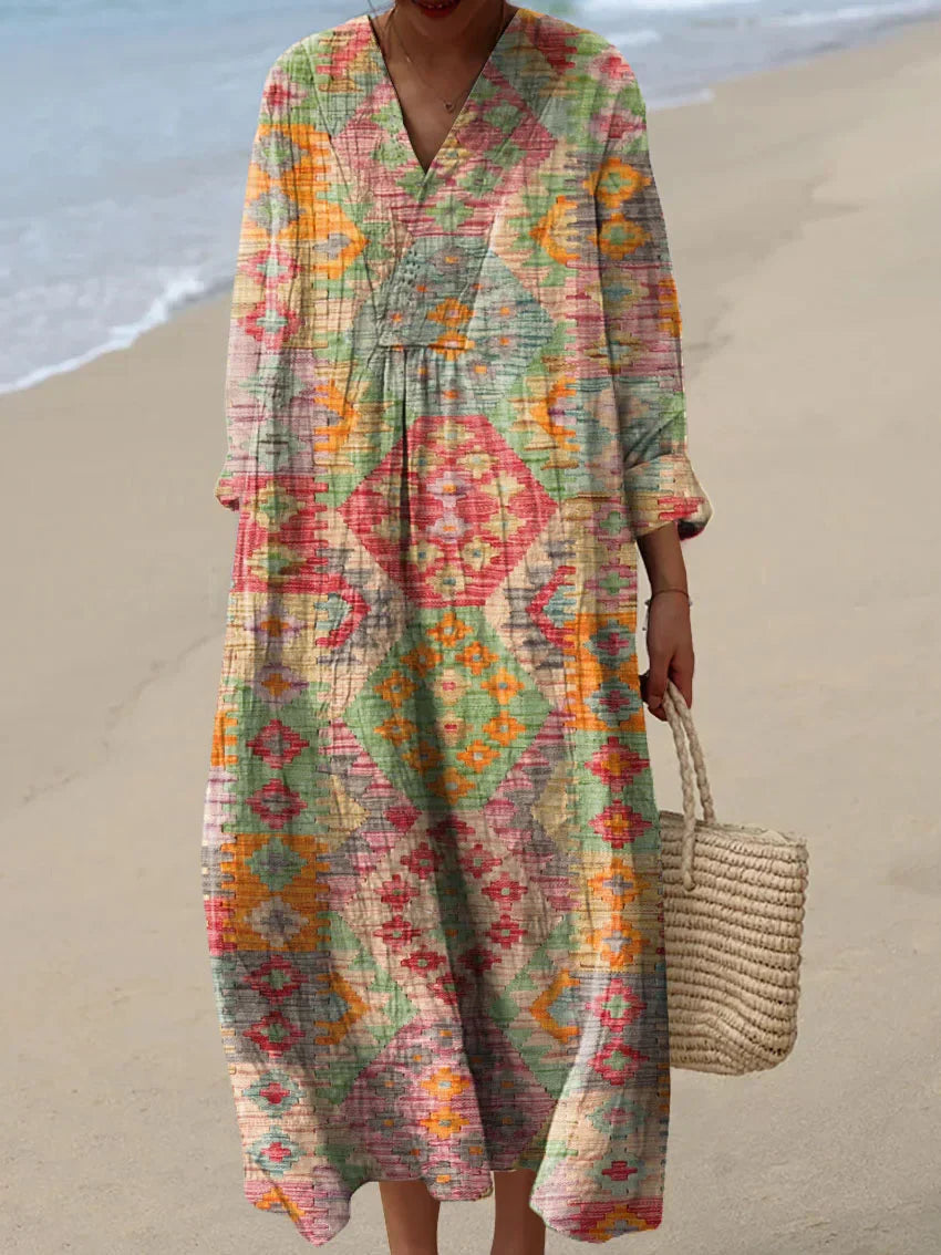 Losvallende midi-jurk met V-hals en lange mouwen – LYSSA DRAPE - Glamorix