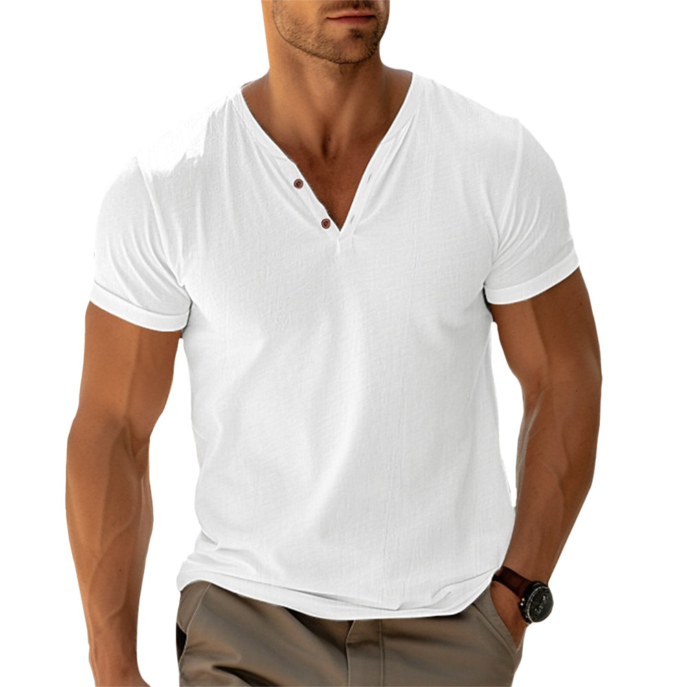 Modern heren T-shirt met V-hals en knoopdetail – DEXTON V-NECK - Glamorix