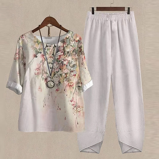 Tweedelige dames set met bloemenprint top en rechte broek – AUREA SET - Glamorix