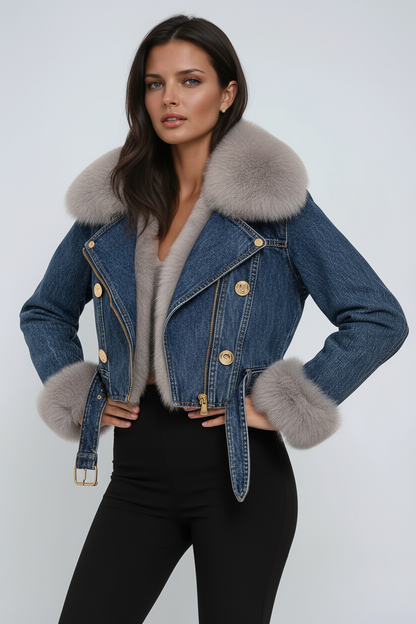 Iconisch denim met luxueuze bontkraag voor dames deze winterjas combineert stoer karakter met warm comfort – VESTARA - Glamorix
