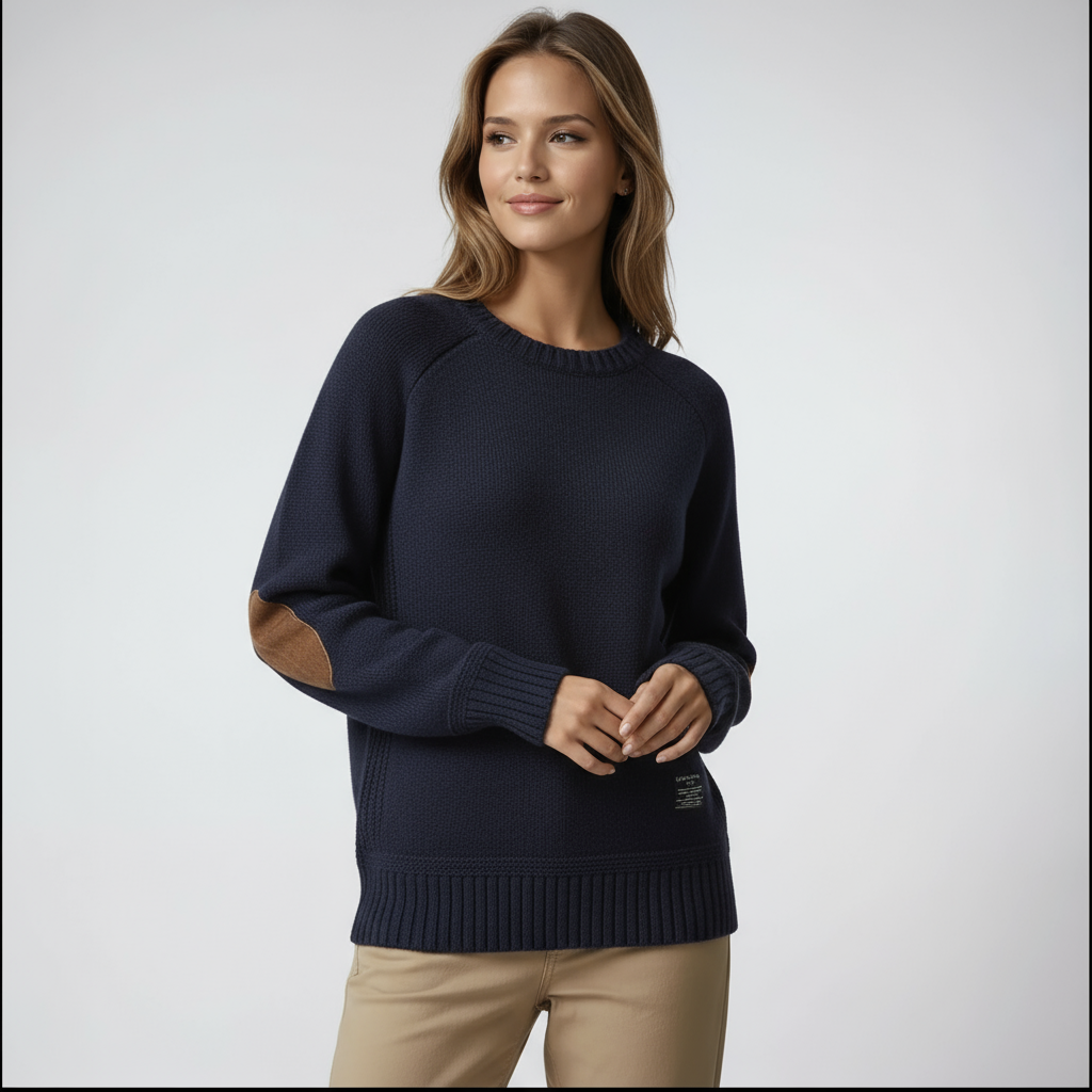 FAYE – Dames gebreide trui met suède elleboogpatches - Glamorix