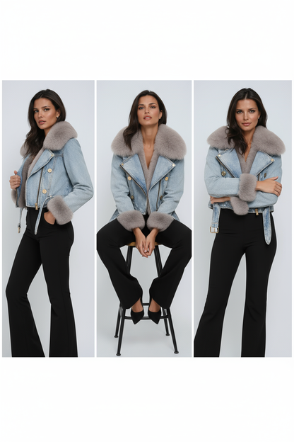 Iconisch denim met luxueuze bontkraag voor dames deze winterjas combineert stoer karakter met warm comfort – VESTARA - Glamorix