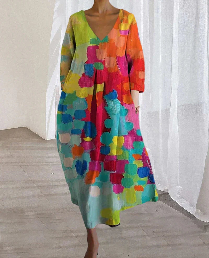 Kleurrijke dames maxi-jurk met abstracte print – VELANORA - Glamorix