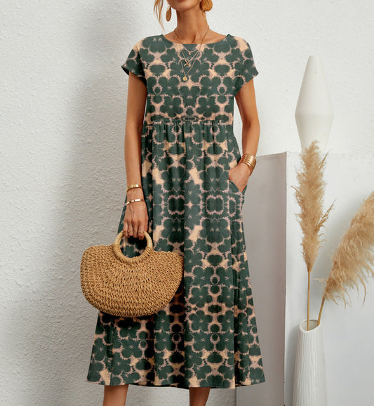 Zita - Dames midi jurk met grafische print en korte mouw - Glamorix