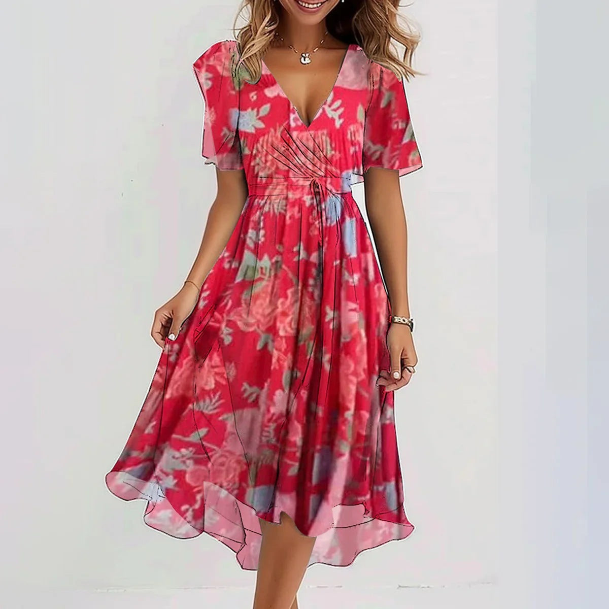 Vrouwelijke midi overslagjurk met luchtige print – FlorivaMuse - Glamorix