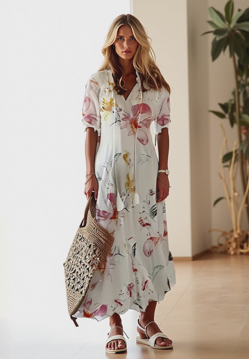 Lange dames bloemenjurk met kraag en strikdetail – ROSALIE BLOOM - Glamorix