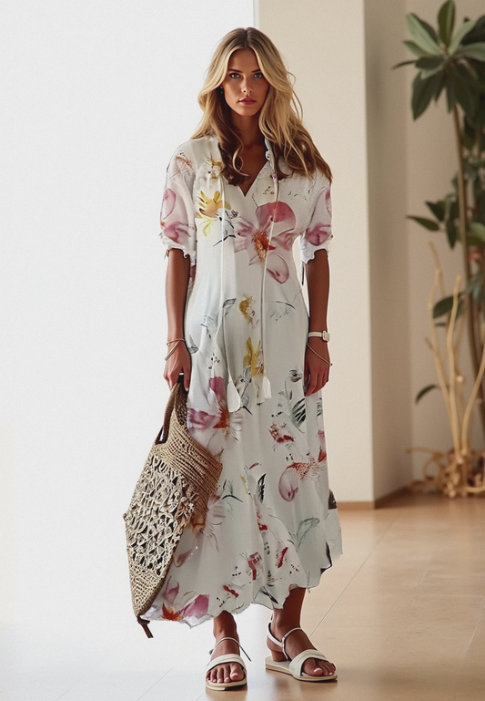 Lange dames bloemenjurk met kraag en strikdetail – ROSALIE BLOOM - Glamorix