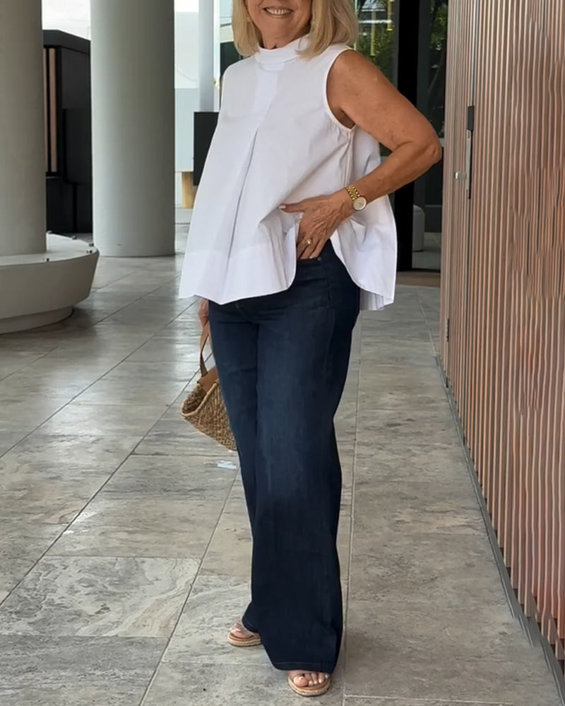 Mouwloze dames top met opstaande kraag en plooidetail – LIVIA HALO - Glamorix