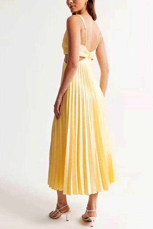 Elegante midi-jurk met geplooide rok en diepe V-hals – LUMINA - Glamorix