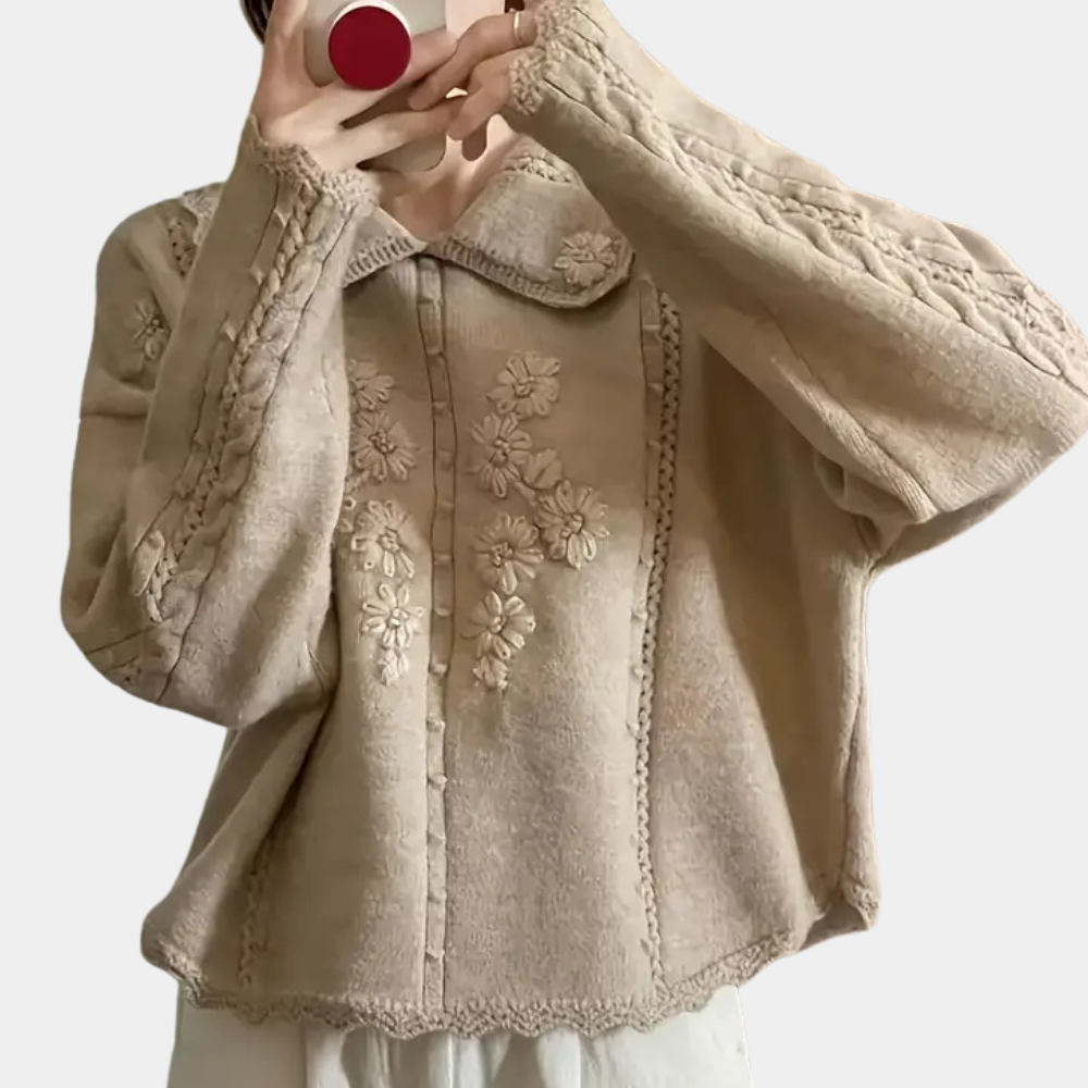 Gebreide damestrui met geborduurde bloemen en zachte pasvorm – FLORIANA BloomKnit - Glamorix