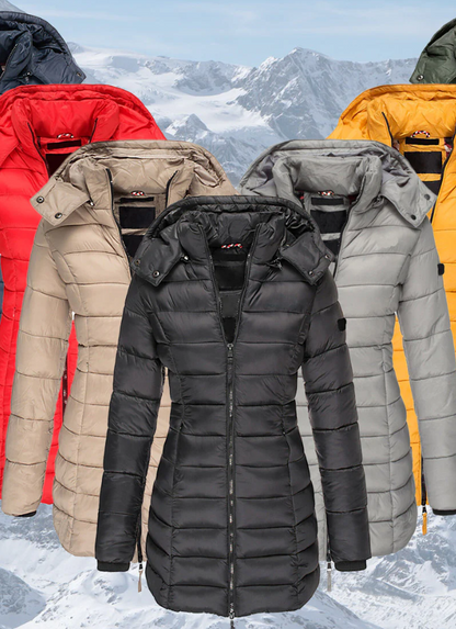 Aria - Abrigo acolchado de invierno con capucha de largo medio entallada para mujer - Glamorix