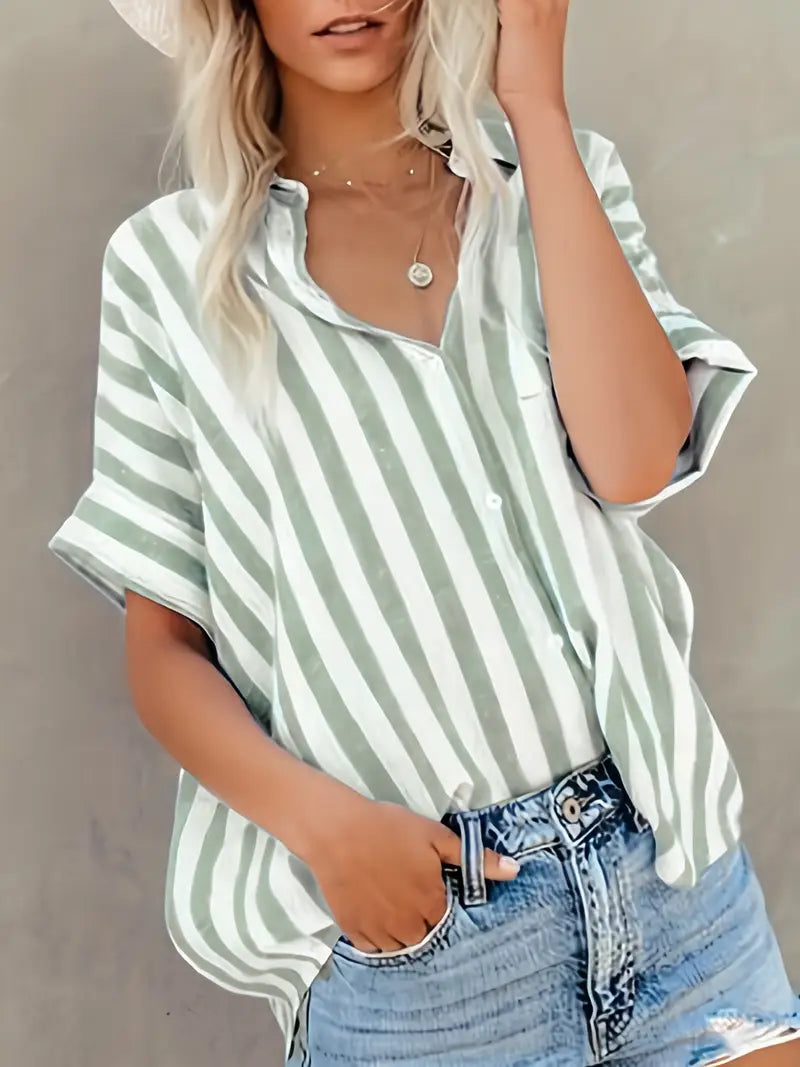 Gestreepte damesblouse met korte mouwen en luchtige fit – LUNEA STRIPE - Glamorix