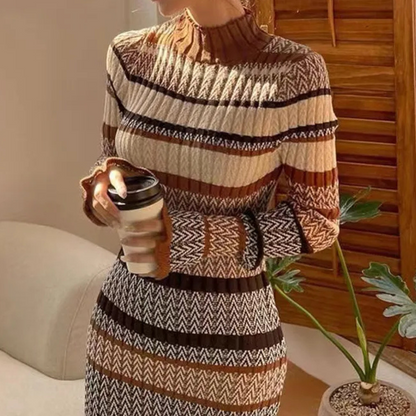 Gestreepte gebreide maxi-jurk met lange mouwen – SERENAÏS - Glamorix