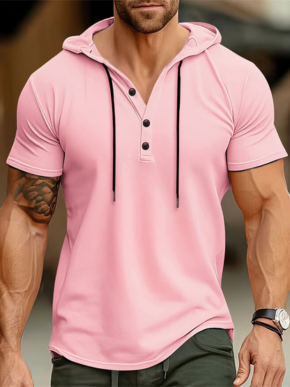 Alberico | Korte mouwen T-shirt met capuchon en knoopsluiting voor heren - Casual Top - Glamorix