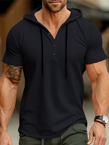 Alberico | Korte mouwen T-shirt met capuchon en knoopsluiting voor heren - Casual Top - Glamorix