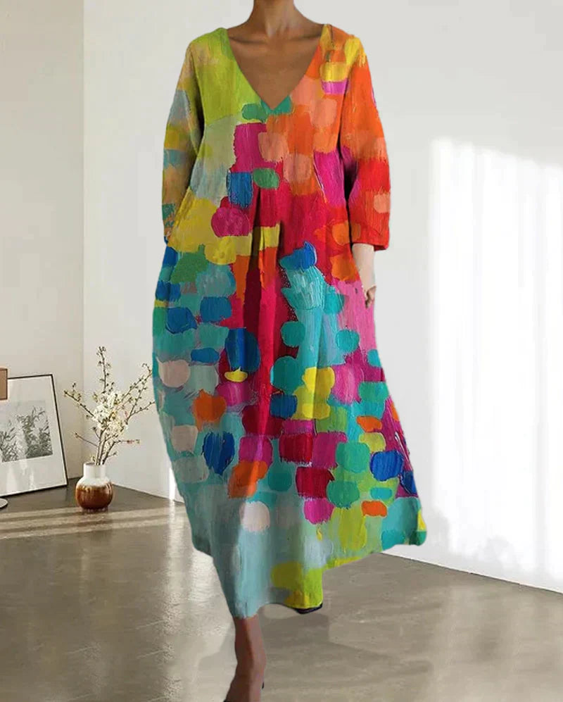 Kleurrijke dames maxi-jurk met abstracte print – VELANORA - Glamorix