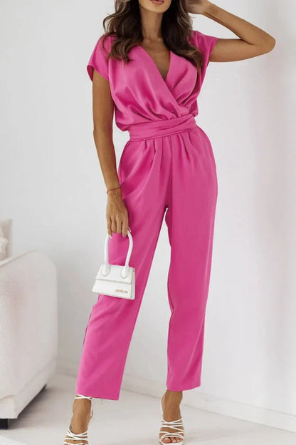 Moderne dames jumpsuit met V-hals en korte mouwen – VioraFlex - Glamorix