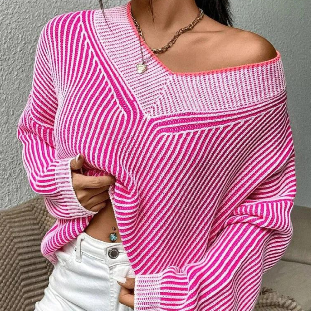 Gestreepte off-shoulder damestrui van gebreid materiaal – NÉLIA - Glamorix
